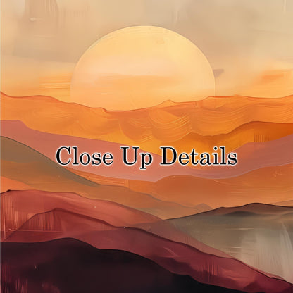 The image is a close-up of a sunset over a mountainous landscape, with the sun appearing as a large, glowing orb in the sky.
