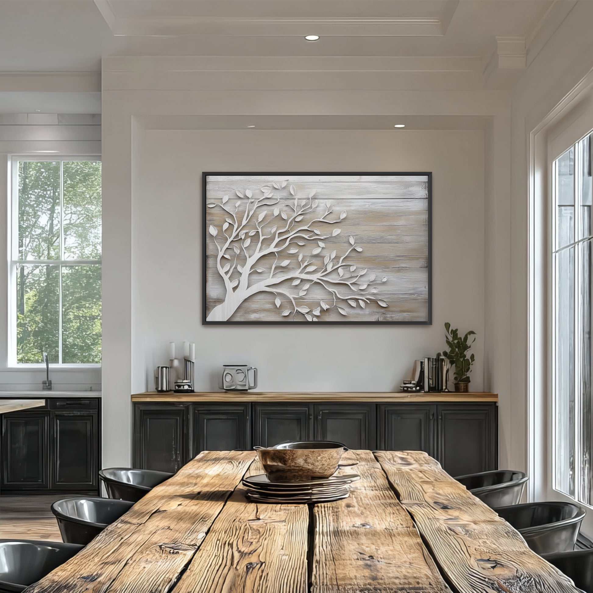 a modern dining room with a large wooden table surrounded by black chairs. A large tree-like artwork is displayed on the wall above the table, adding a natural element to the space. The room has a clean, minimalist design with white walls and a wooden floor.