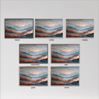 six framed landscape paintings, each with a different color and frame style, arranged in a grid.