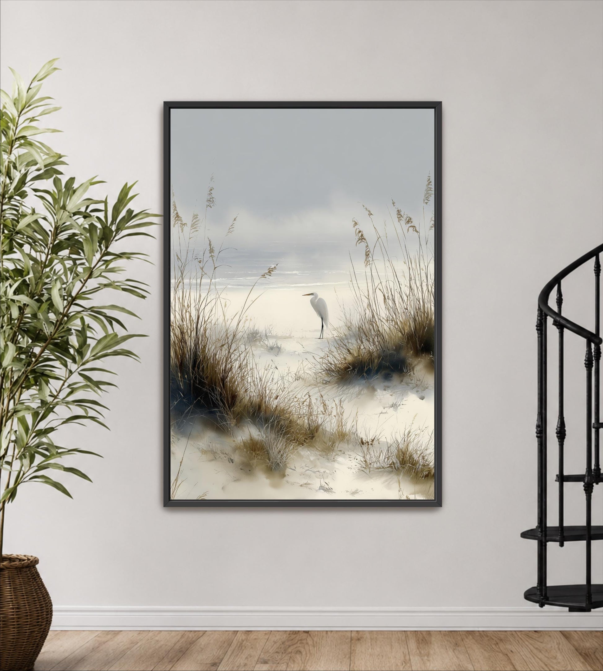 White Egret Coastal Wall Art Print, Neutral Beach Landscape, Marsh Grass Painting, Serene Seaside Decor, Coastal Farmhouse Artwork, Minimalist Nature Print