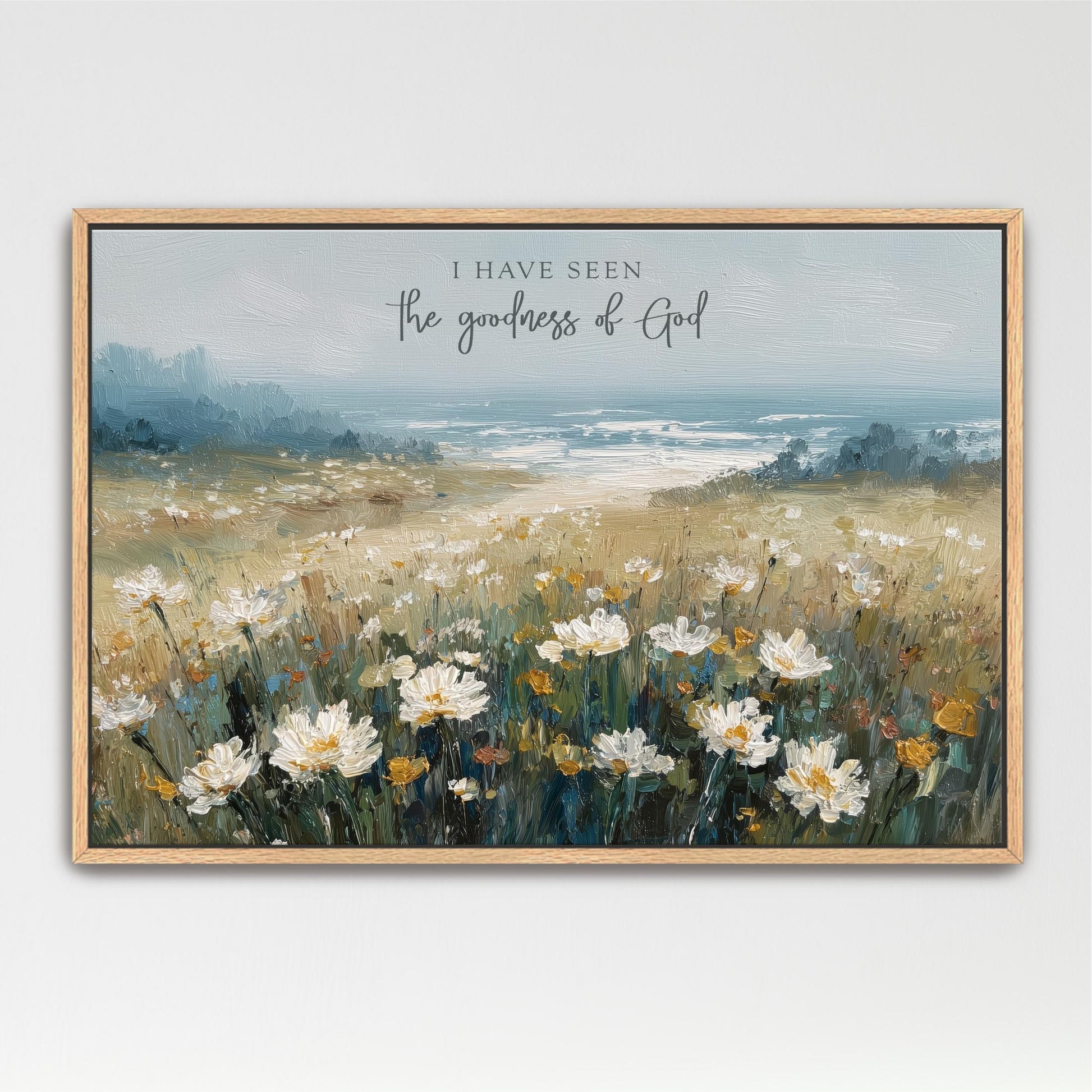 The image is a painting of a field of white flowers with a body of water in the background.