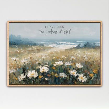 The image is a painting of a field of white flowers with a body of water in the background.