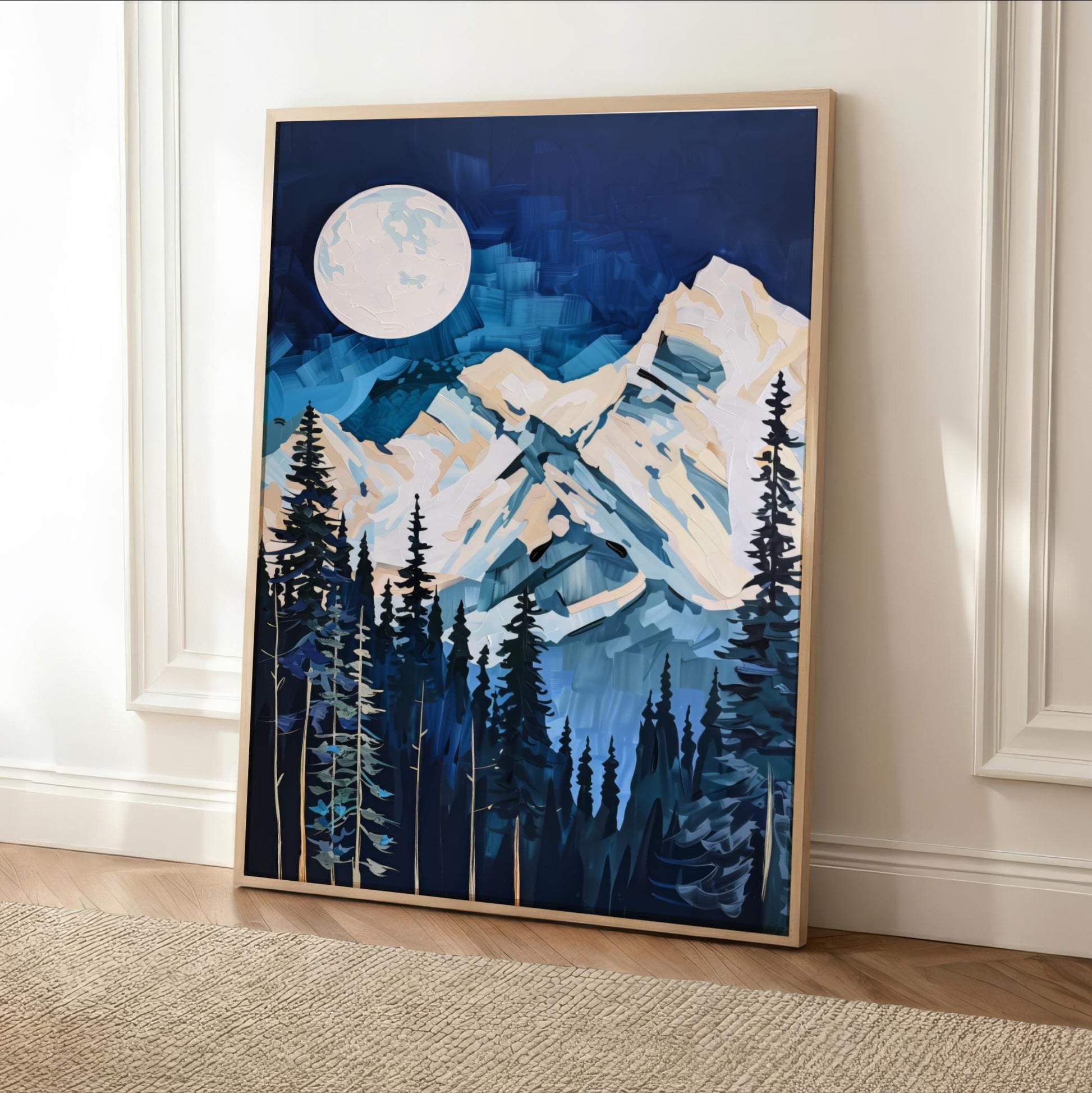 The image is a framed painting depicting a serene mountain landscape with a full moon in the night sky.