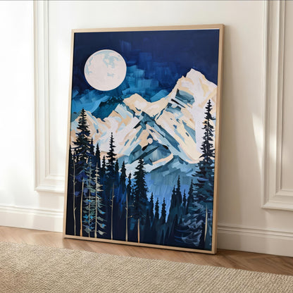 The image is a framed painting depicting a serene mountain landscape with a full moon in the night sky.
