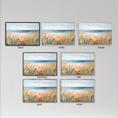 six framed pictures of a field with flowers, each in a different color and frame style, arranged in a grid.