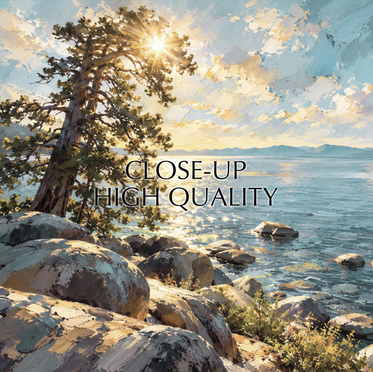 a serene landscape with a large tree on the shore, a body of water, and a bright sun shining through the clouds.