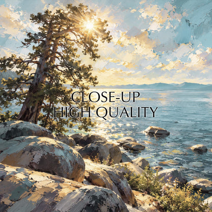 a serene landscape with a large tree on the shore, a body of water, and a bright sun shining through the clouds.