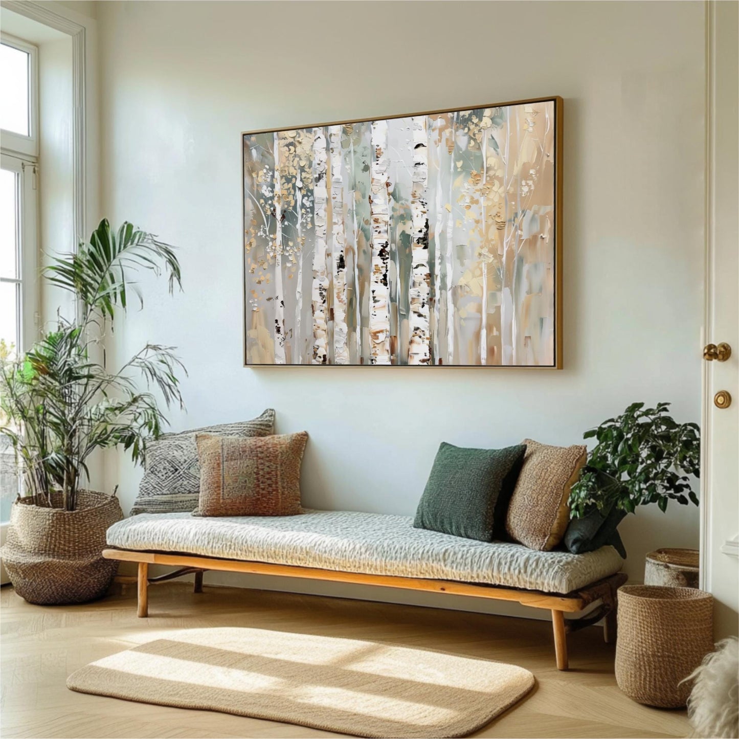 a living room with a large painting of birch trees hanging on the wall above a wooden bench with pillows. The room is decorated with potted plants and a rug, creating a cozy and inviting atmosphere.