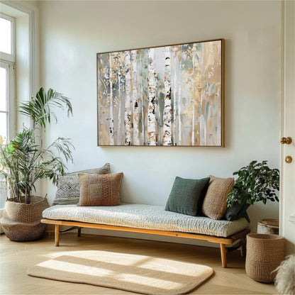 a living room with a large painting of birch trees hanging on the wall above a wooden bench with pillows. The room is decorated with potted plants and a rug, creating a cozy and inviting atmosphere.