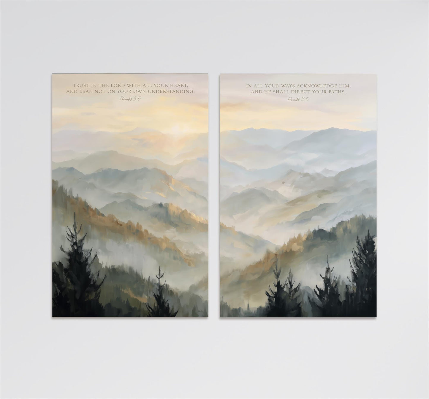 The image is a pair of landscape paintings depicting mountains and pine trees. The text above the paintings reads "Trust in the Lord with all your heart, and lean not on your own understanding."