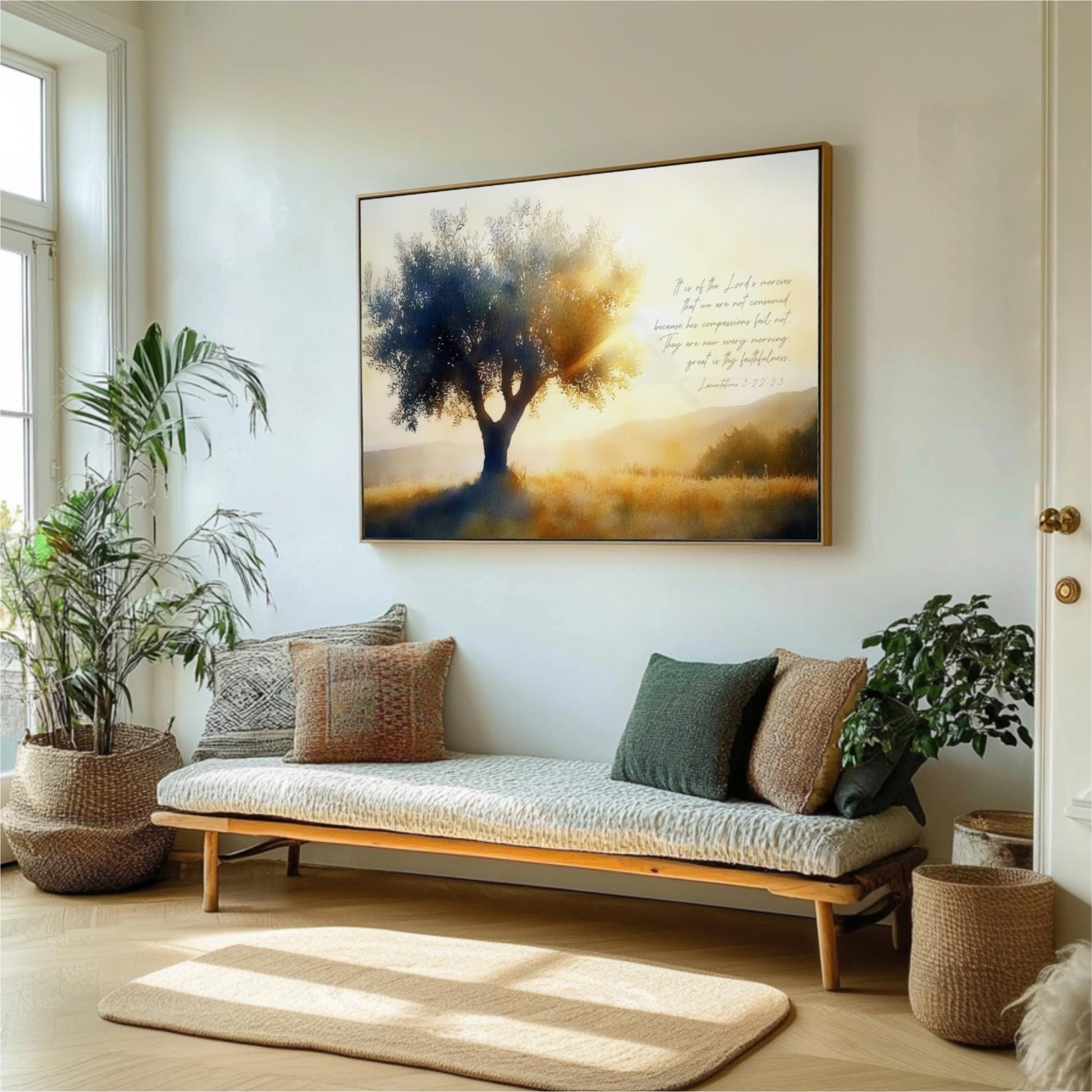 a serene living room with a large painting of a tree on the wall, a wooden bench with pillows, and several potted plants.