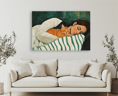 a painting of a woman laying on a couch with a cat