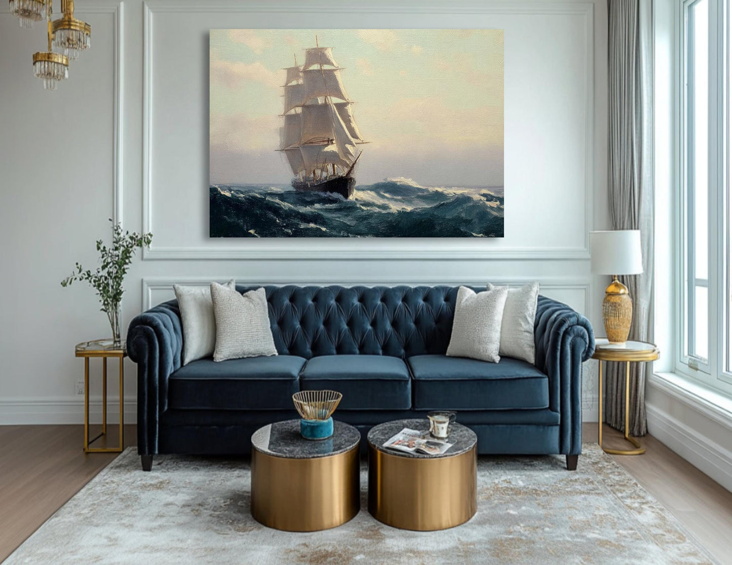 a large painting of a sailing ship on the ocean, hanging on a white wall above a blue couch in a living room setting.