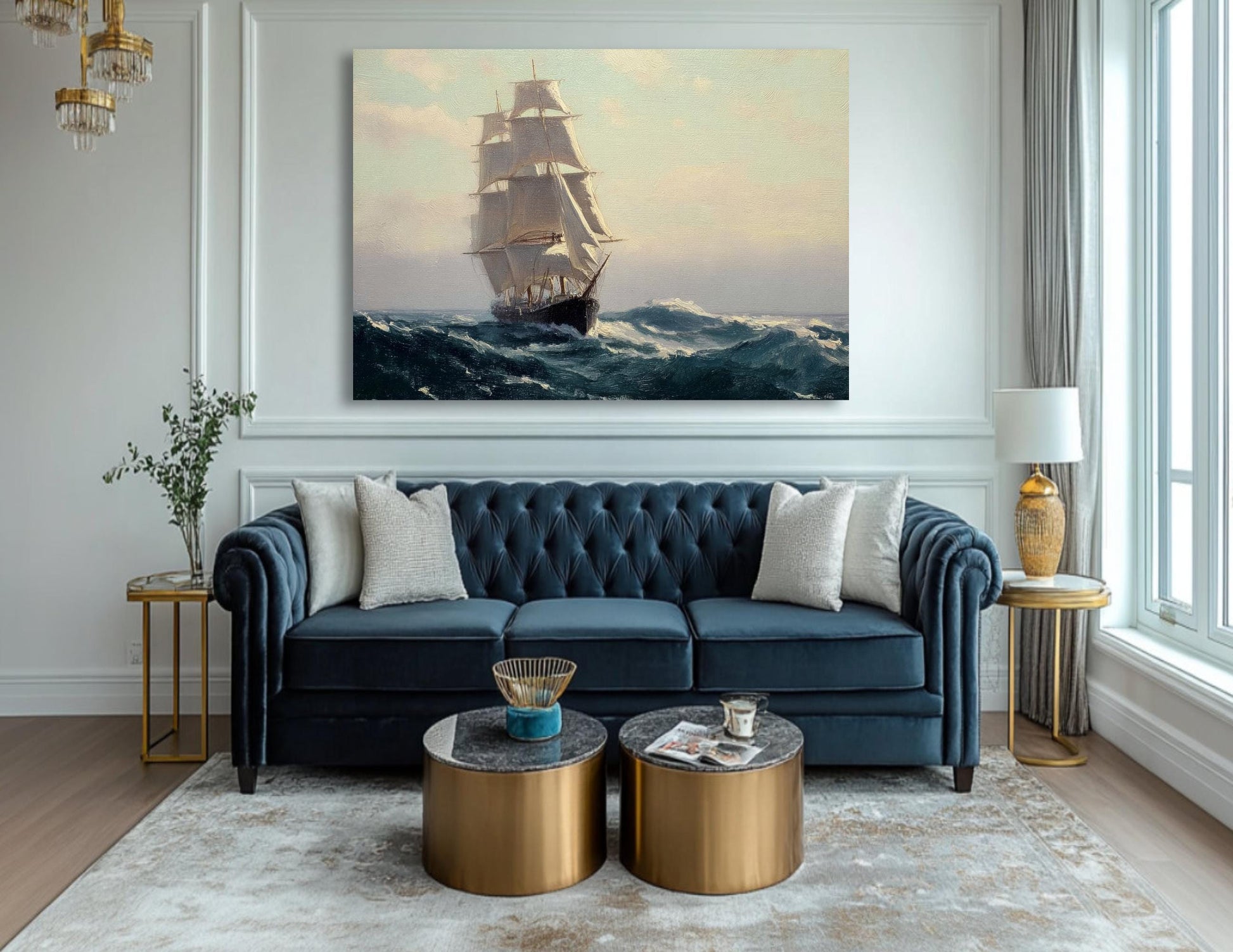 a large painting of a sailing ship on the ocean, hanging on a white wall above a blue couch in a living room setting.