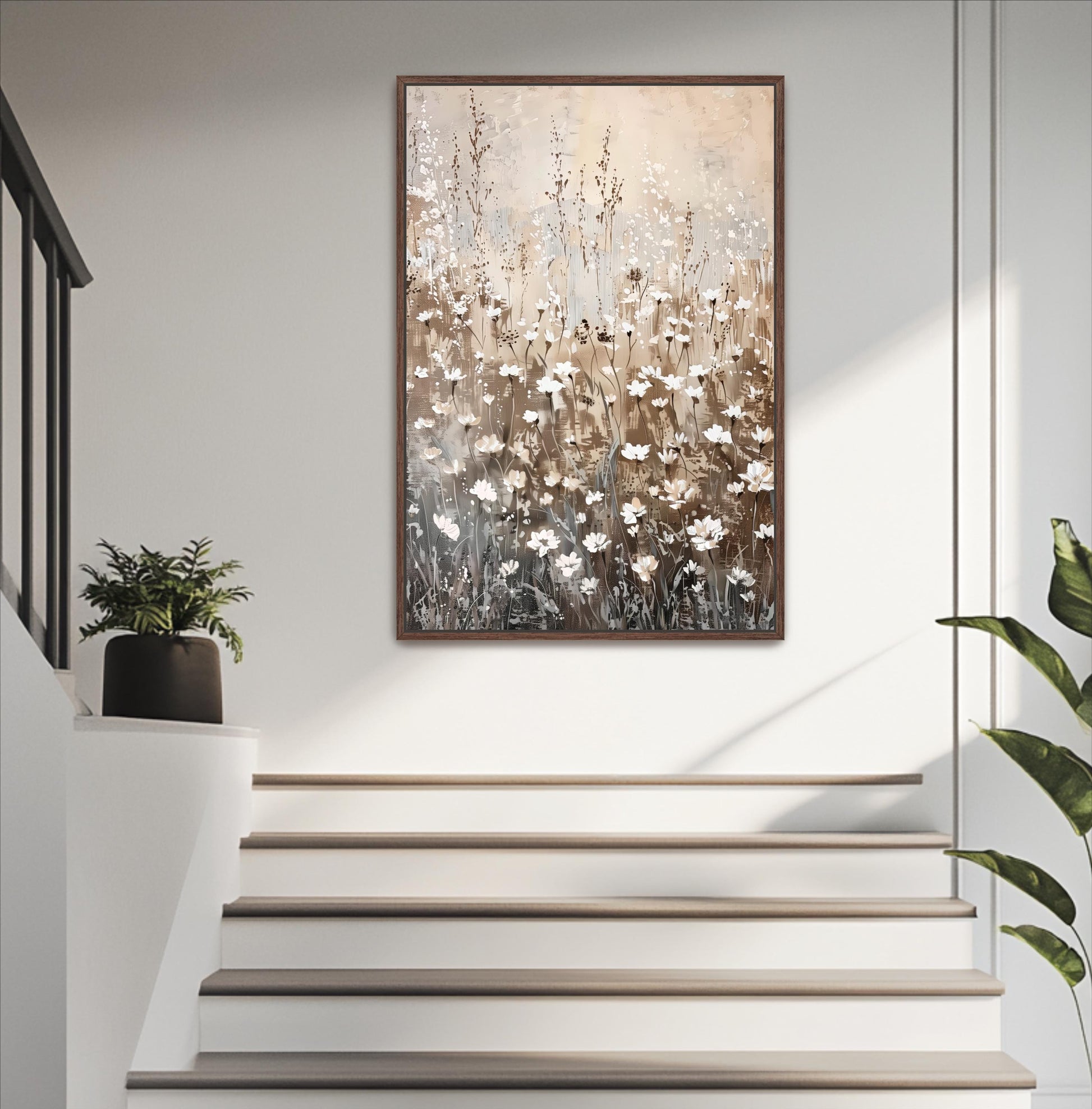 a painting of a field of flowers hanging on a wall, with a staircase in the foreground.