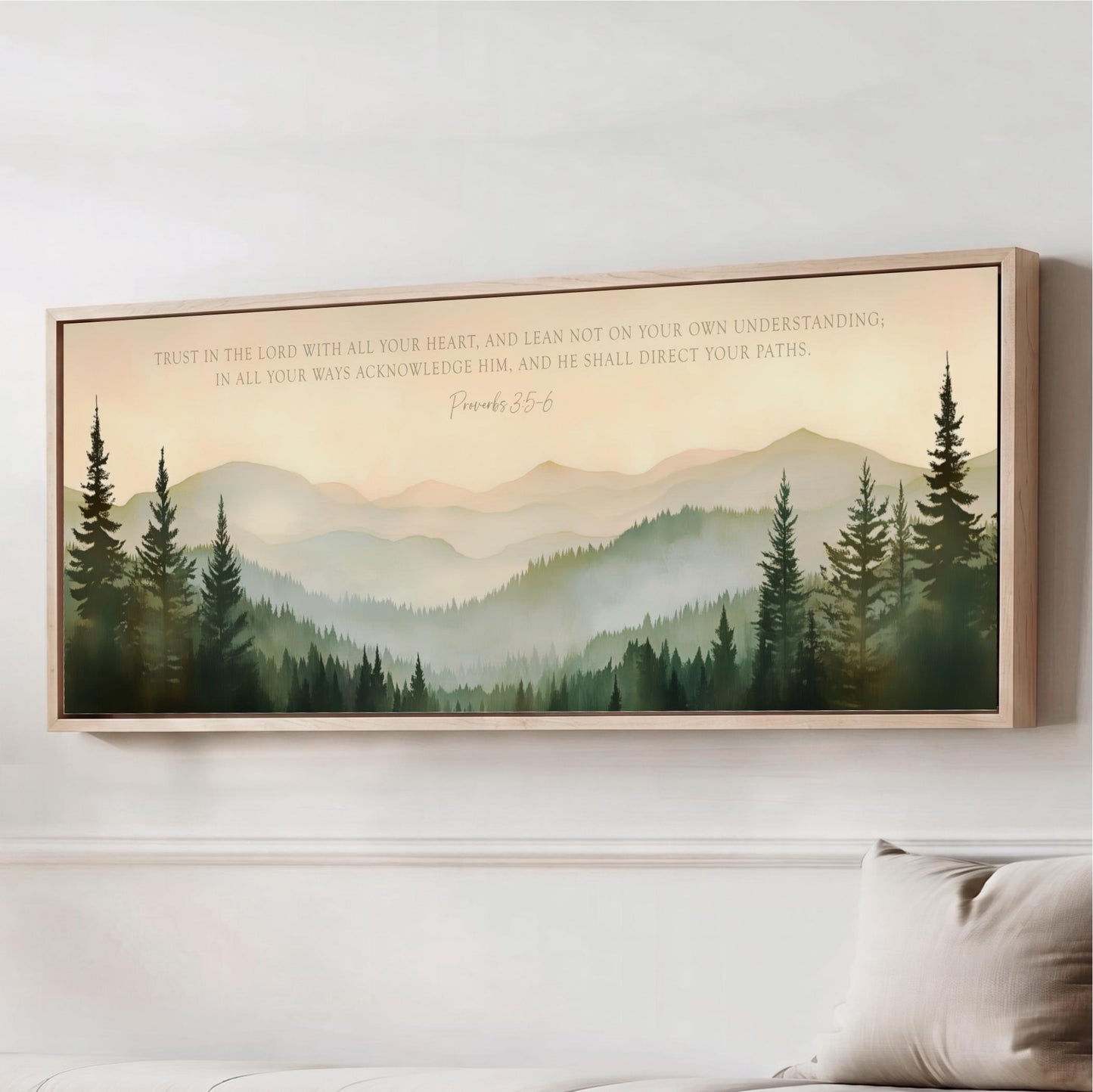 The image is a framed painting depicting a serene mountain landscape with pine trees and a hazy, golden sky.