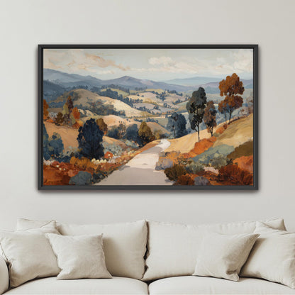 The image is a framed painting of a scenic countryside landscape, featuring rolling hills, trees, and a winding road.