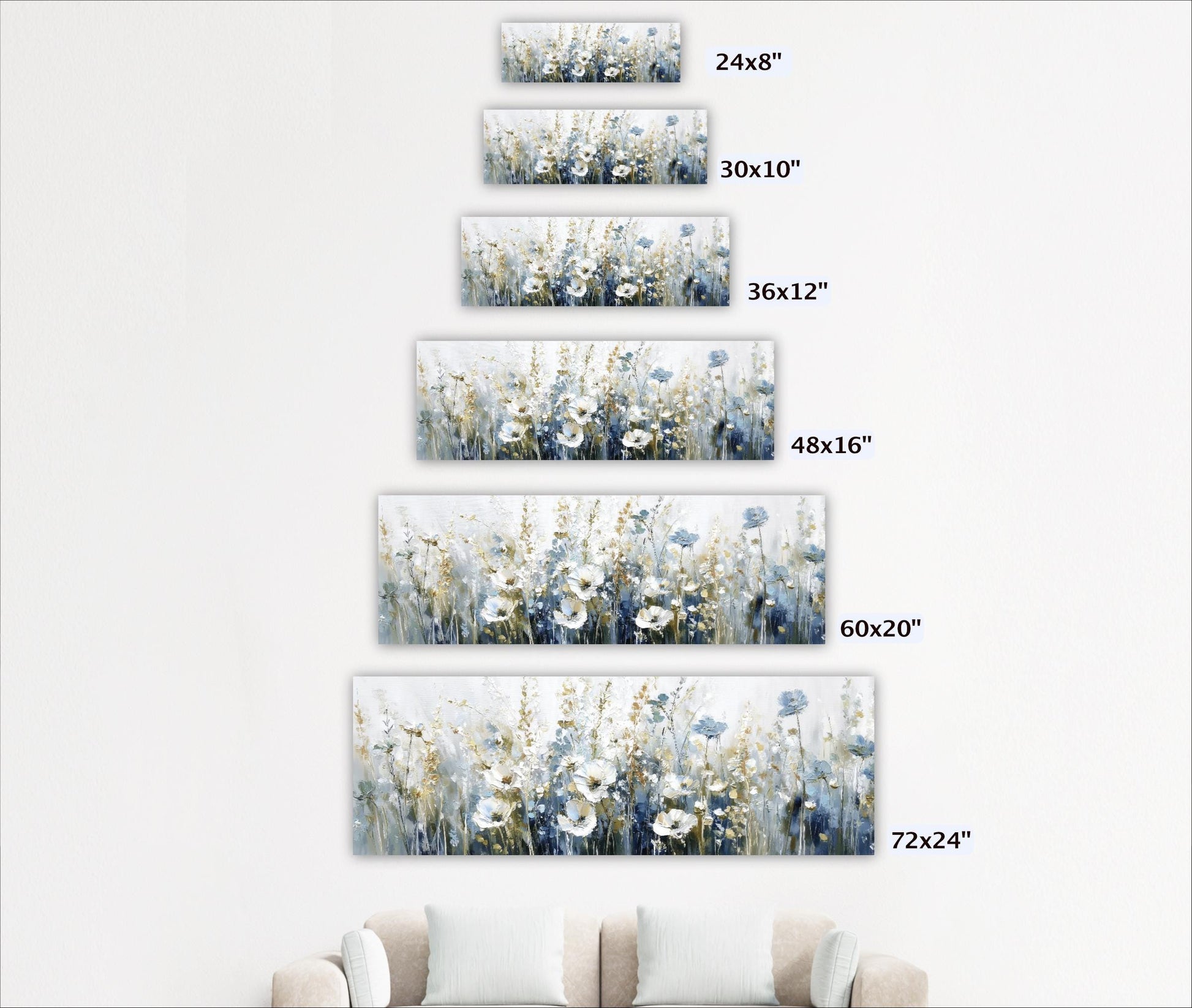 A series of six identical paintings depicting a field of flowers, each with a different size and frame.