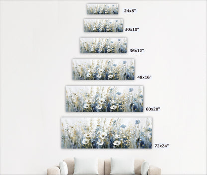 A series of six identical paintings depicting a field of flowers, each with a different size and frame.