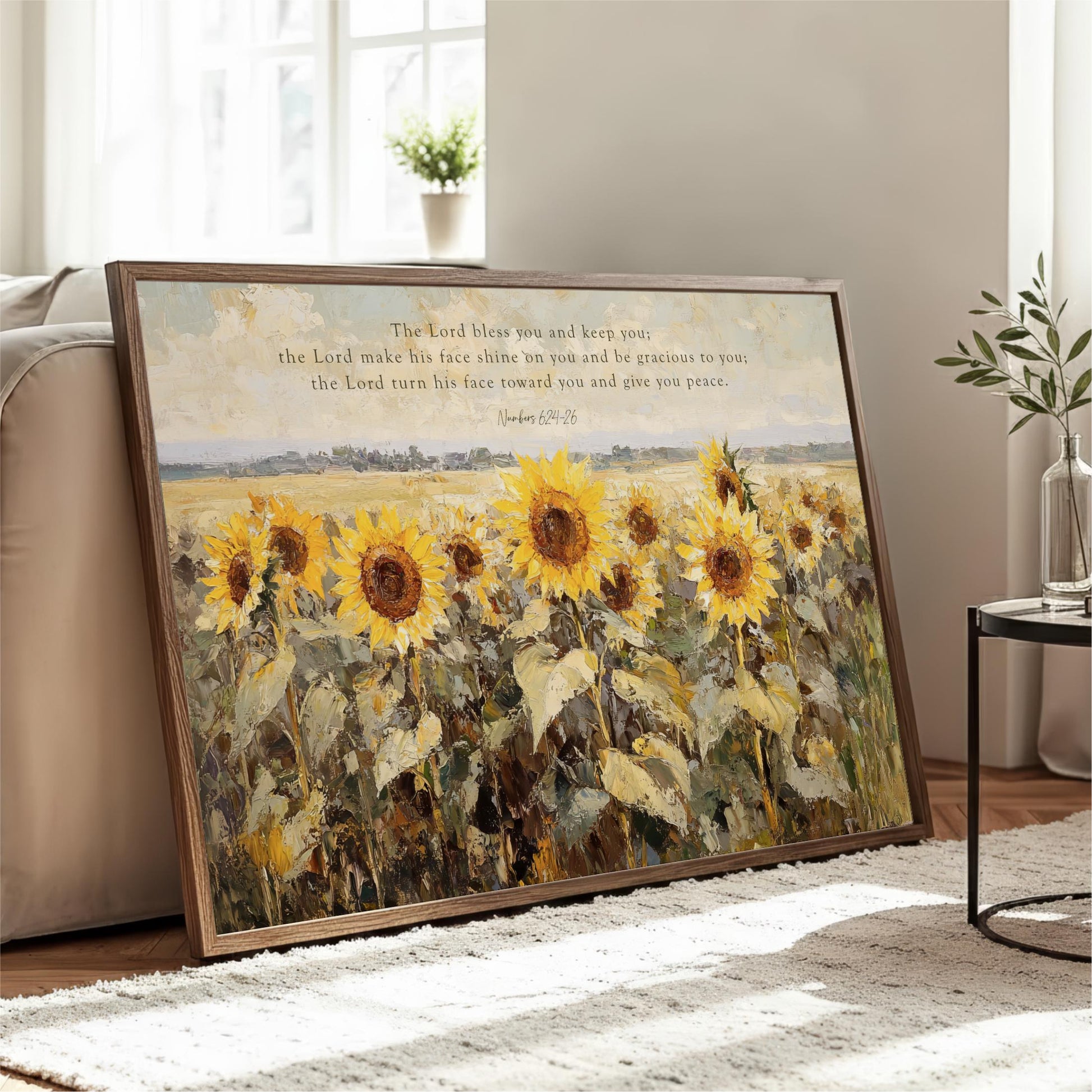 The image is a framed painting depicting a field of sunflowers.