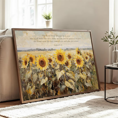 The image is a framed painting depicting a field of sunflowers.