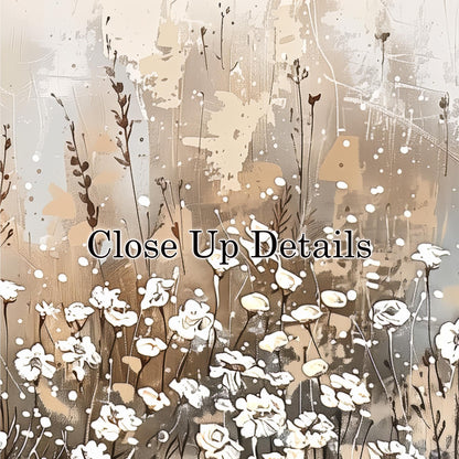 The image is a close-up of a field of white flowers with a text overlay that reads "Close Up Details".