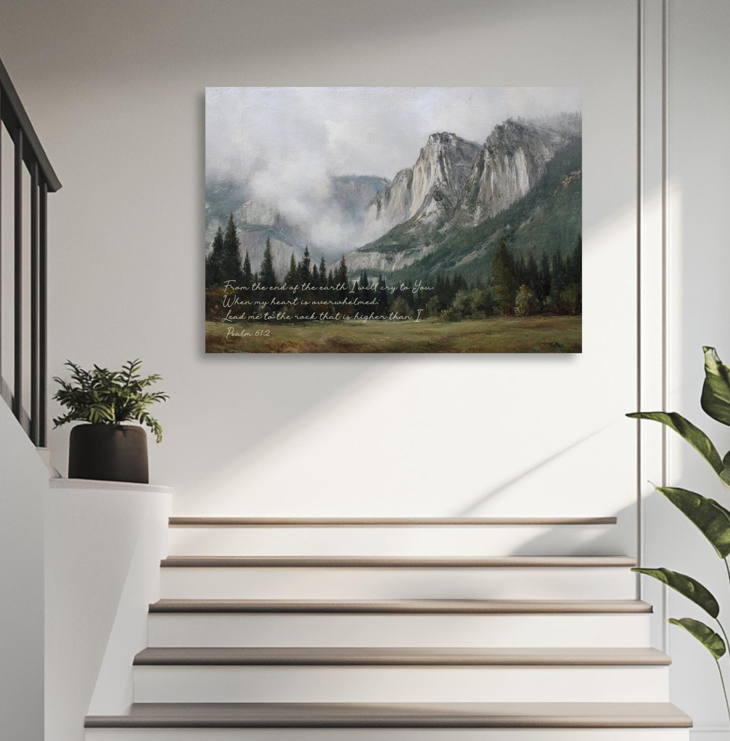a painting of a mountain landscape with a quote from the Bible, "From the end of the earth I rise, and I walk on the mountain. Then my heart is lifted, and I am lifted that I am."