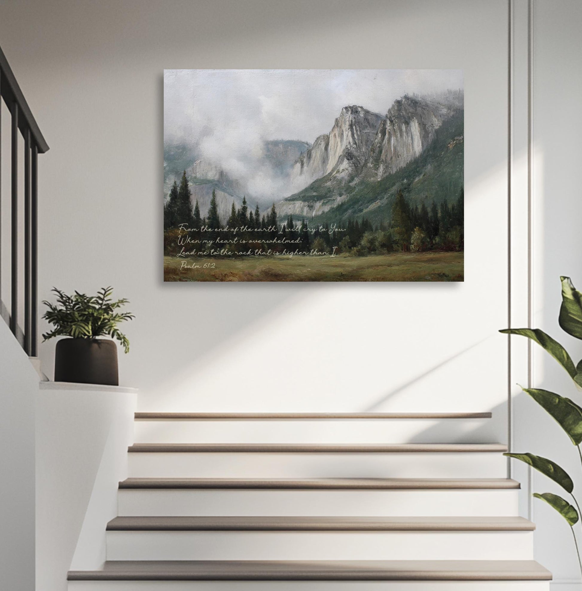 a painting of a mountain landscape with a quote from the Bible, "From the end of the earth I rise, and I walk on the mountain. Then my heart is lifted, and I am lifted that I am."