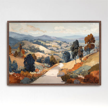 Rolling Hills Vintage Abstract Landscape Art, Fall Impressionist Painting Autumn Nature Artwork Large Framed Canvas