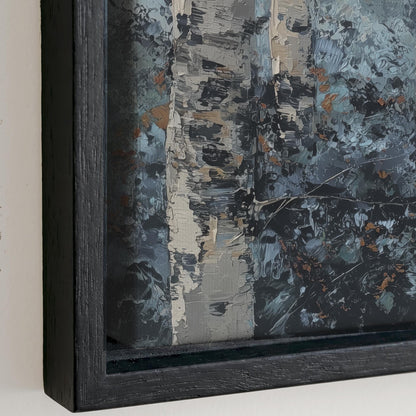 The image is a close-up of a framed painting depicting a forest scene with a mix of dark and light colors, including shades of blue, gray, and brown.