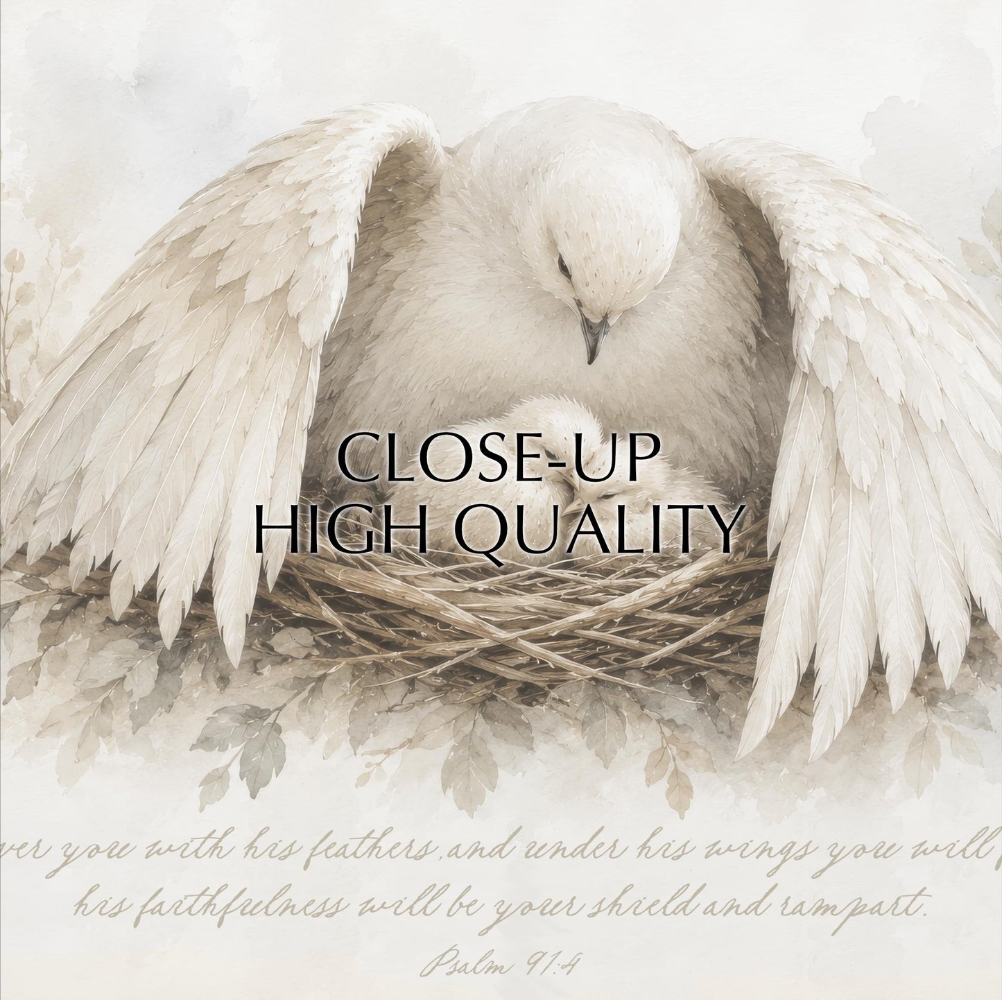 a close-up of a white dove with outstretched wings, resting in a nest. The text overlay reads "CLOSE-UP HIGH QUALITY" and includes a Bible verse from Psalm 9:4, which states "You will have his faithfulness under his wings you will have his faithfulness and your shield and rampart."