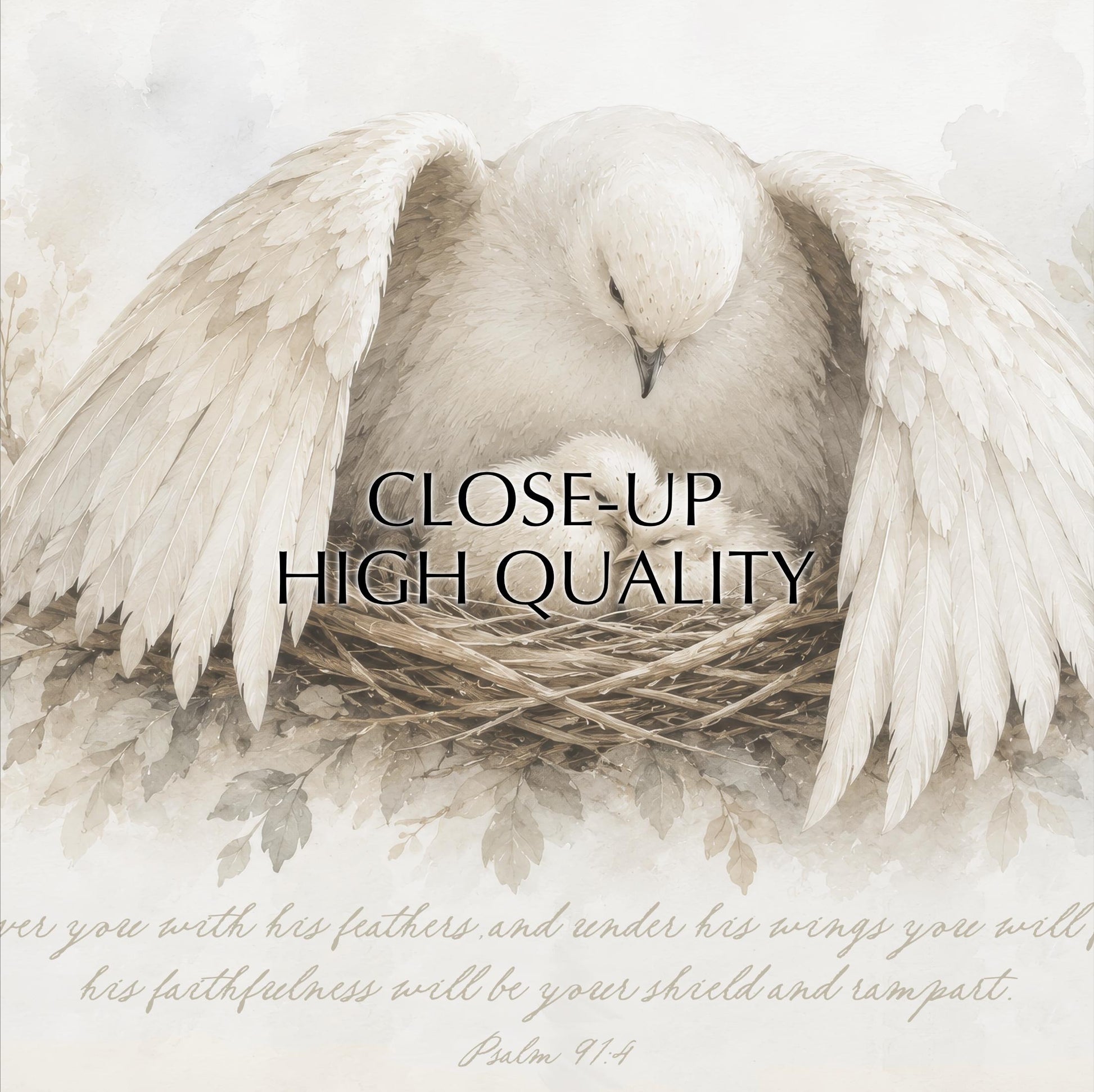 a close-up of a white dove with outstretched wings, resting in a nest. The text overlay reads "CLOSE-UP HIGH QUALITY" and includes a Bible verse from Psalm 9:4, which states "You will have his faithfulness under his wings you will have his faithfulness and your shield and rampart."