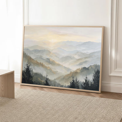 a large landscape painting depicting a mountainous, forested scene with a hazy, golden-hued sky.