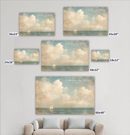a collection of five framed paintings depicting serene scenes of a sailboat on the ocean, with varying sizes and orientations.