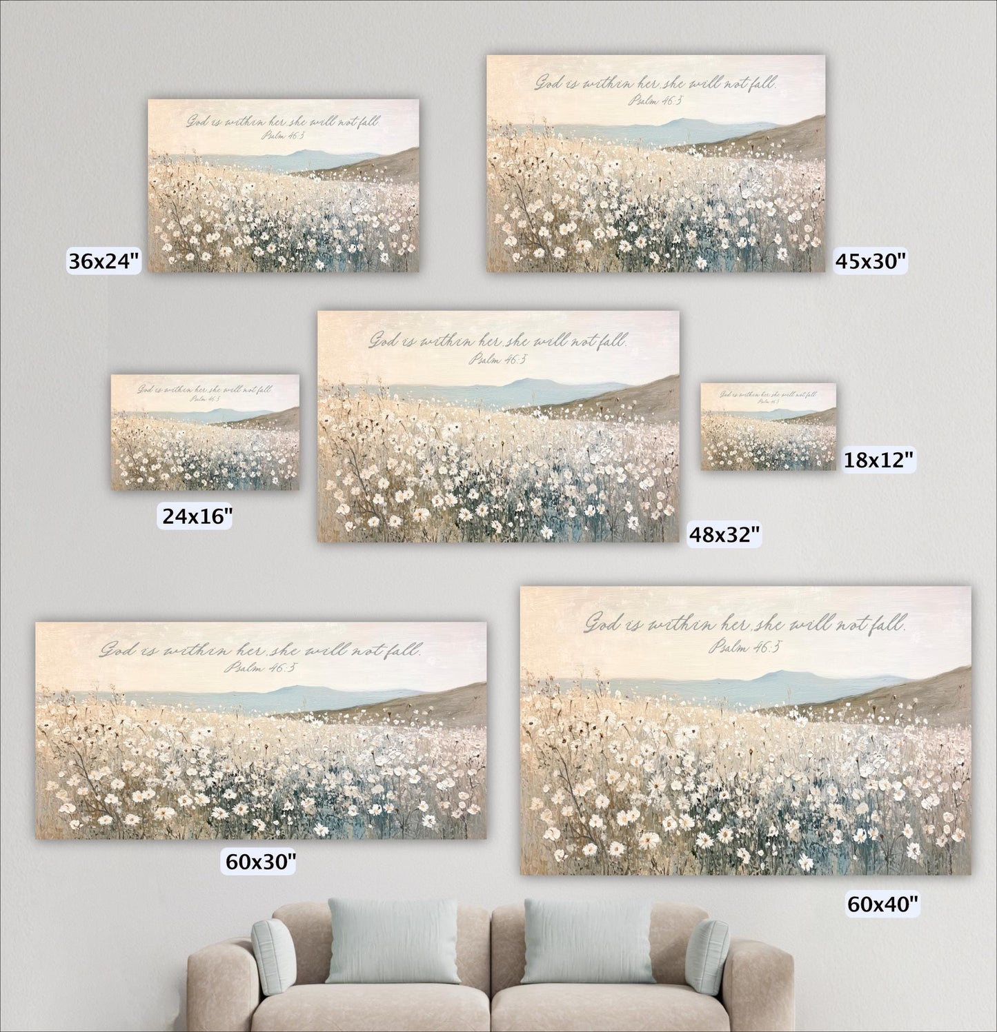 a collection of five framed artworks depicting a field of flowers, each with a different size and resolution. The artworks are arranged on a wall, and there is a couch in the background.