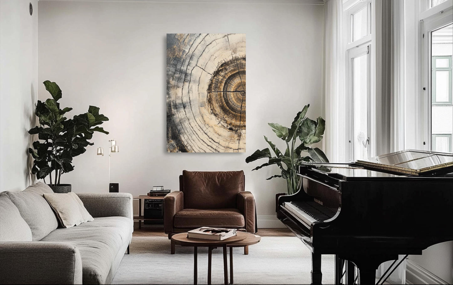 a living room filled with furniture and a piano