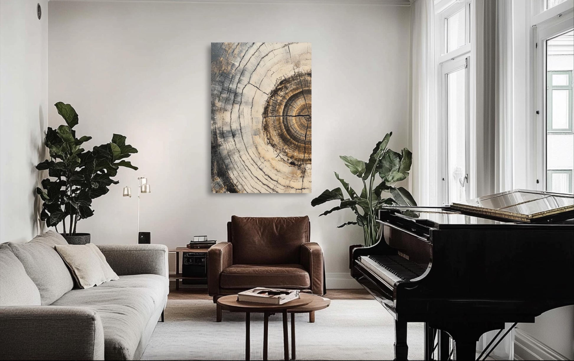 a living room filled with furniture and a piano