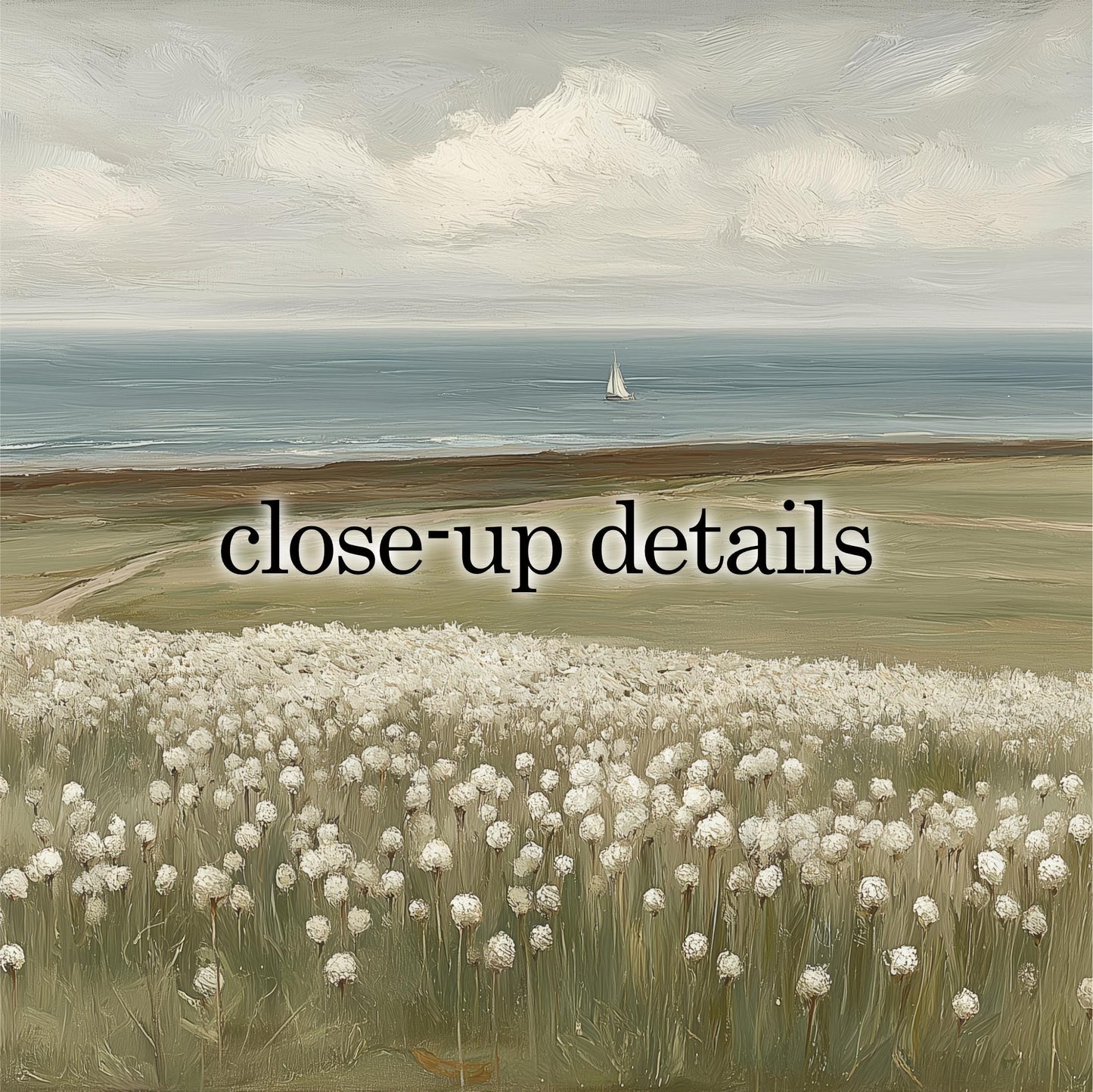 a serene landscape with a sailboat on the water, a field of white flowers, and a cloudy sky.