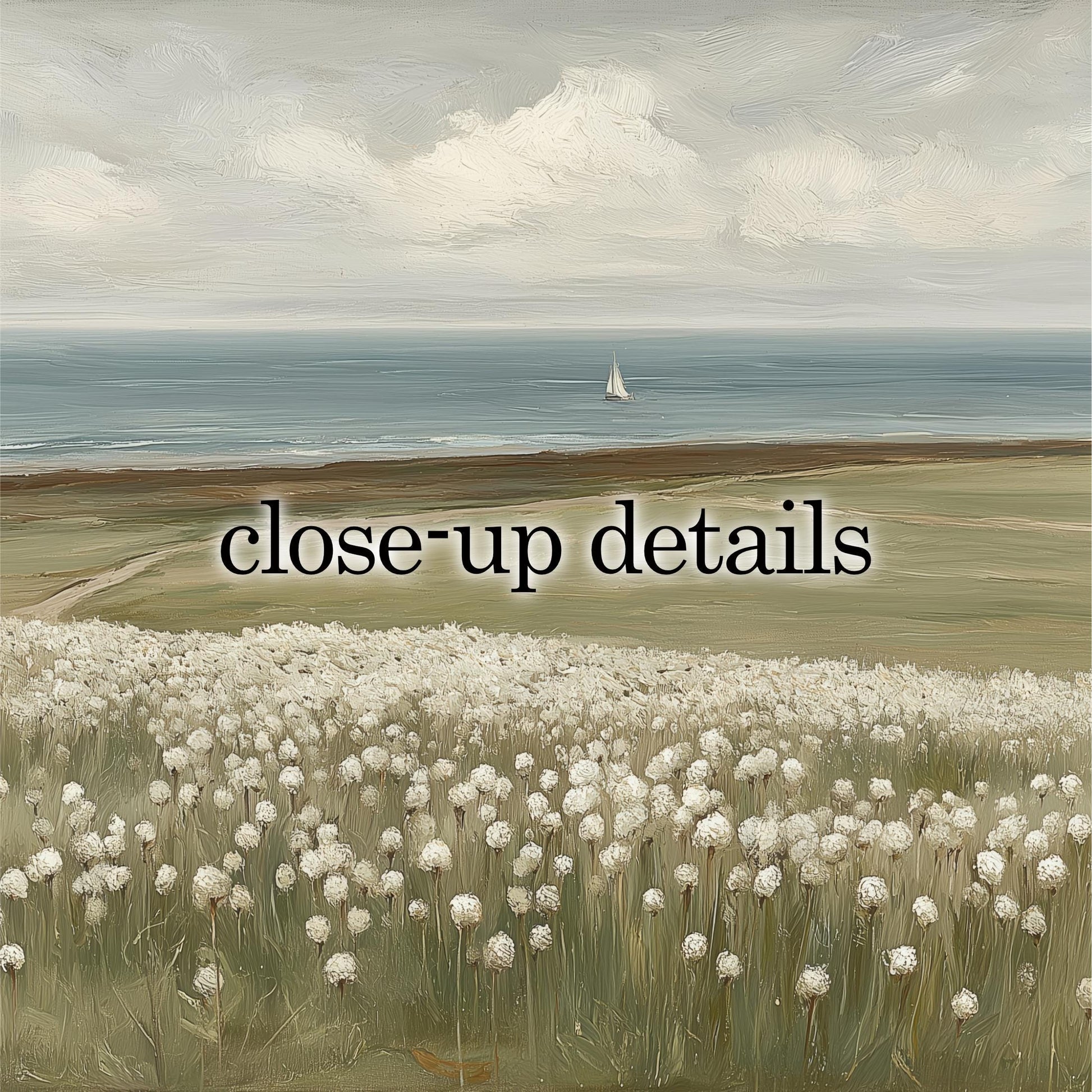 a serene landscape with a sailboat on the water, a field of white flowers, and a cloudy sky.