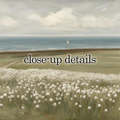 a serene landscape with a sailboat on the water, a field of white flowers, and a cloudy sky.