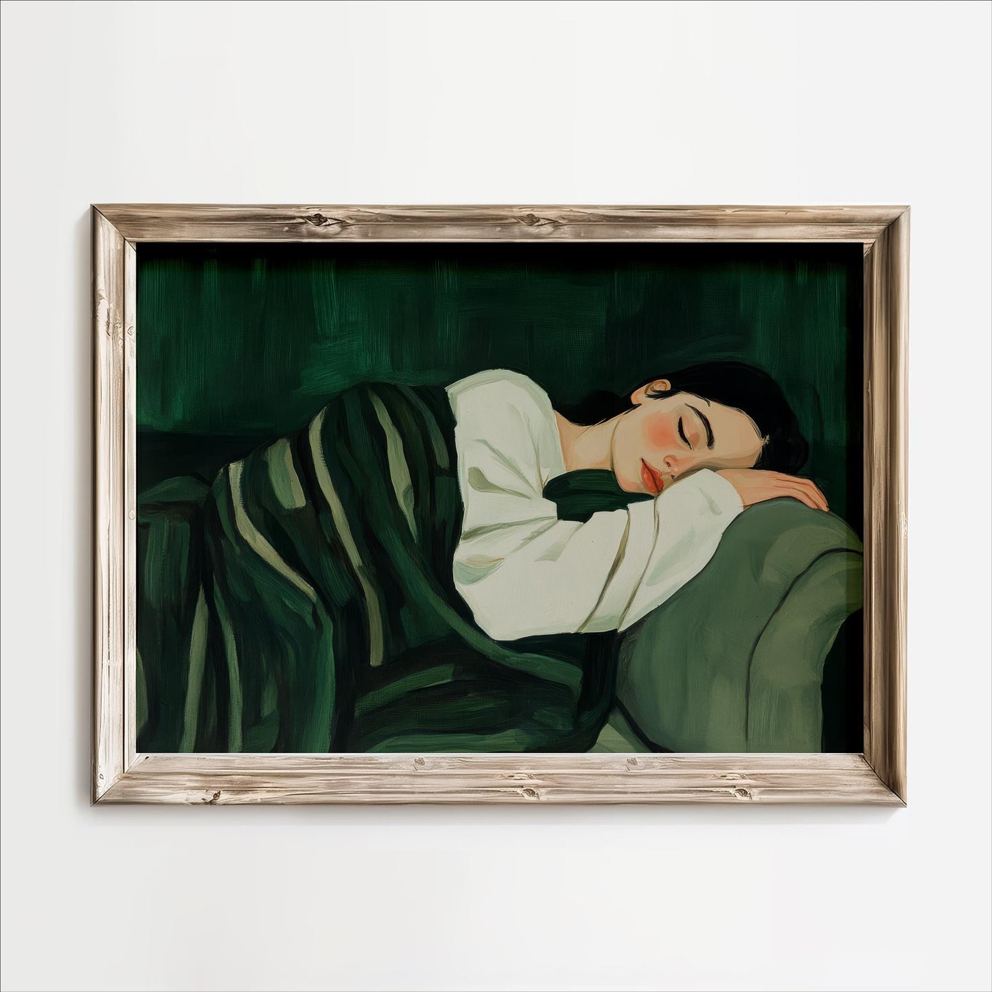 A painting of a woman sleeping on a couch, with a green blanket covering her.