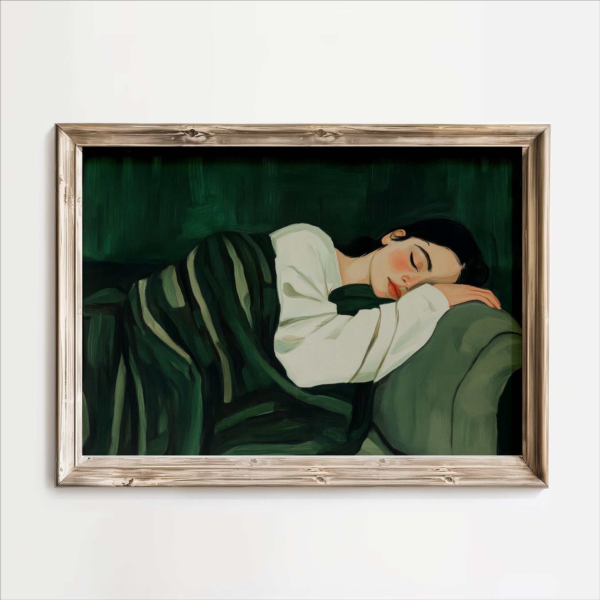 A painting of a woman sleeping on a couch, with a green blanket covering her.