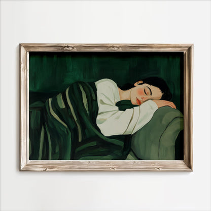 A painting of a woman sleeping on a couch, with a green blanket covering her.