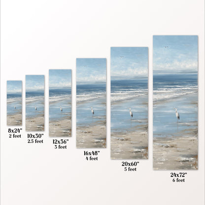 The image is a series of five framed beach scenes, each depicting a different view of the ocean and a bird on the beach. The frames vary in size, ranging from 8x24" to 20x60", and each frame shows a different perspective of the beach and the bird. The frames are arranged in a row, with the largest frame on the left and the smallest on the right, creating a visual progression of the beach and the bird's view.