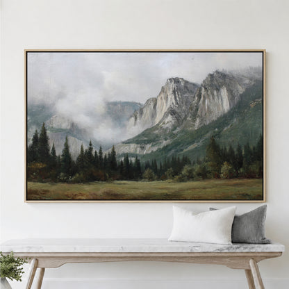 a large landscape painting hanging on a wall above a wooden bench with two pillows.
