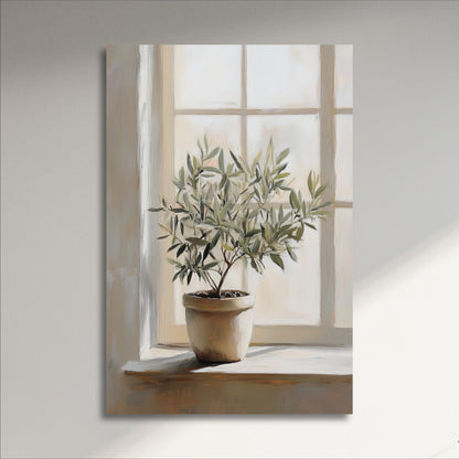 A potted olive tree sits on a windowsill, bathed in natural light streaming through the window.