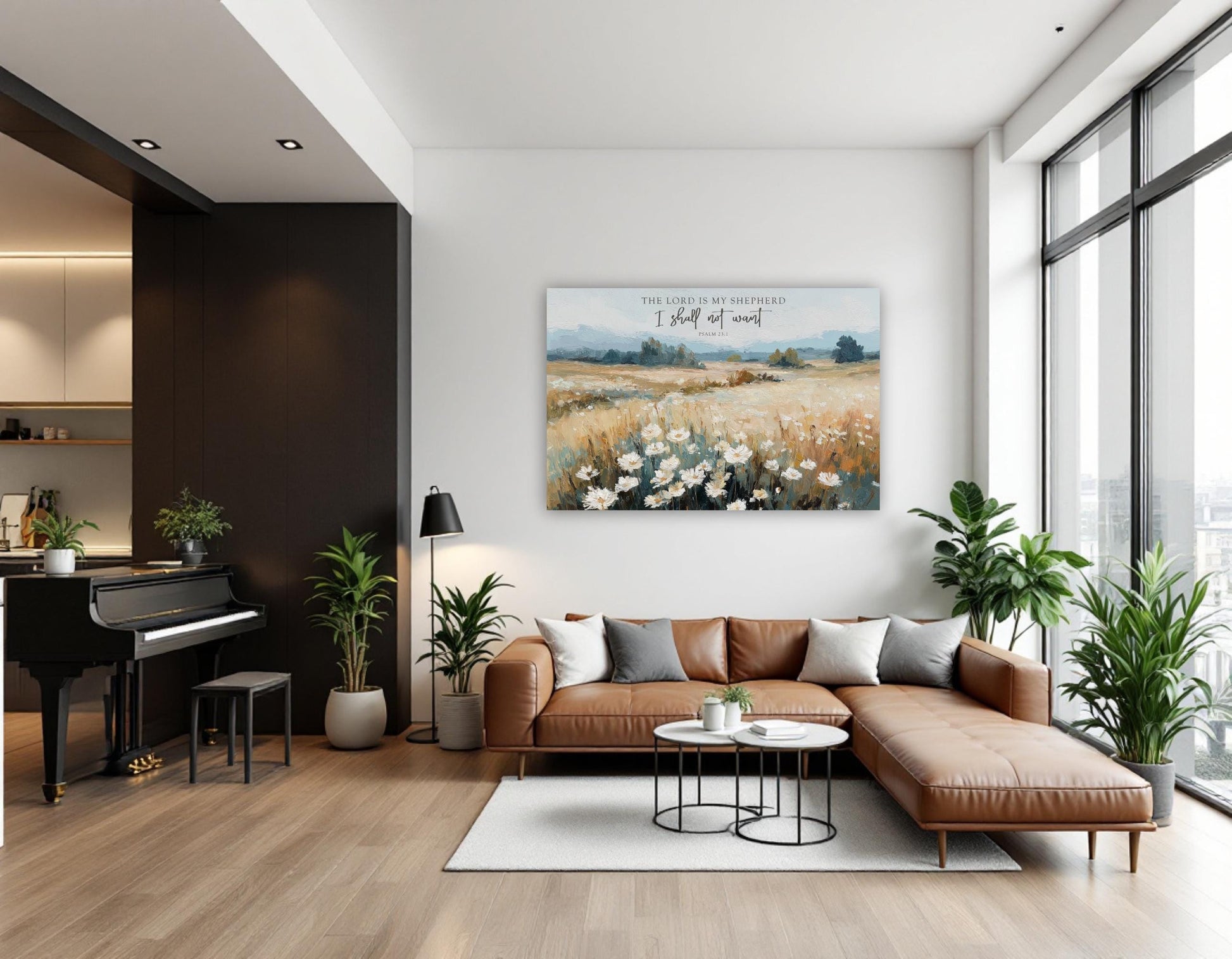 a modern living room with a large window, a brown leather sofa, a piano, and a painting of a field with flowers on the wall.
