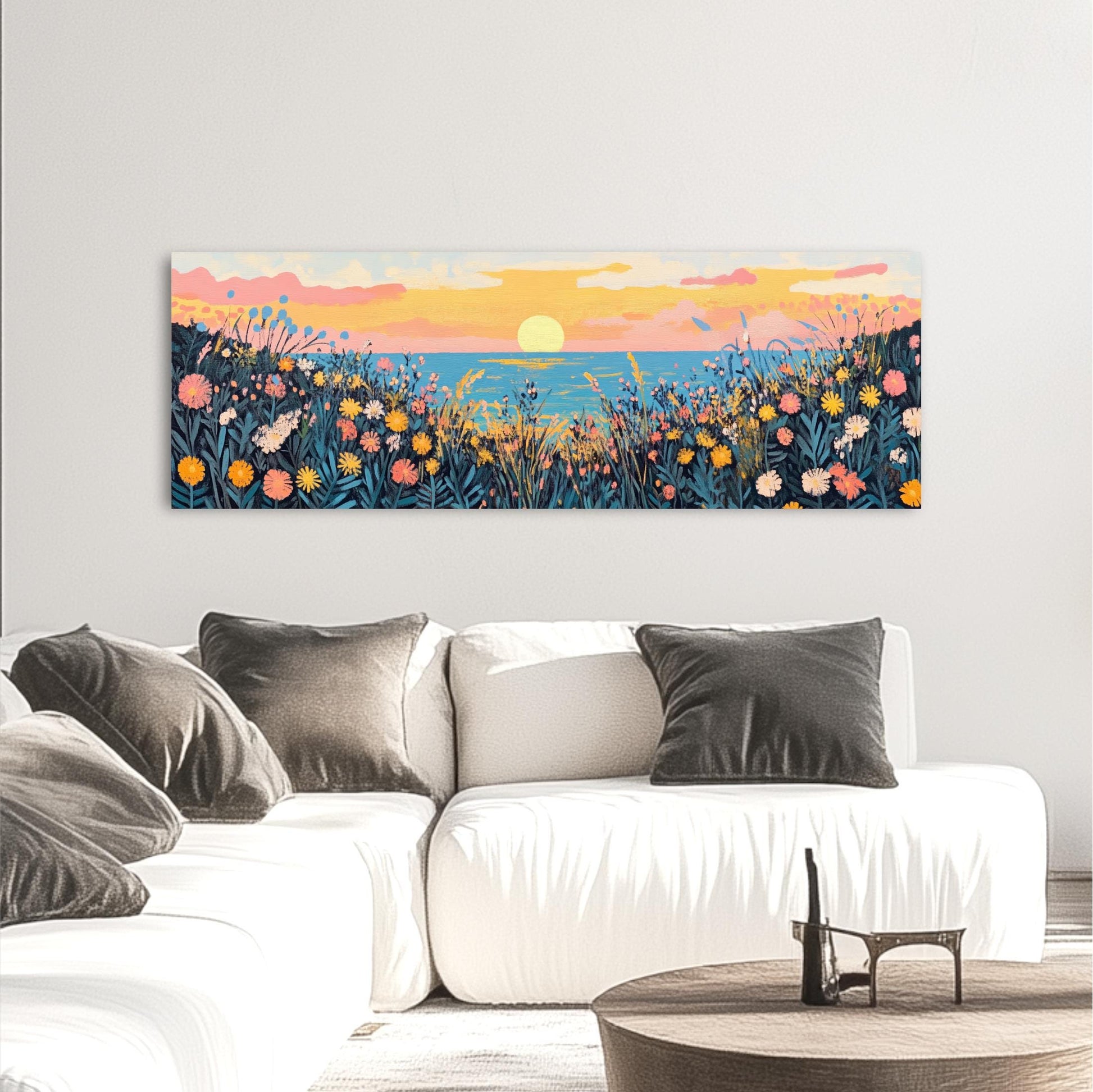 a living room with a couch and a painting on the wall