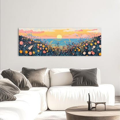 a living room with a couch and a painting on the wall