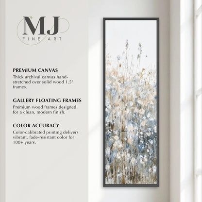 The image is an advertisement for art supplies, specifically canvas and frames. It features a tall, narrow frame with a painting of flowers and plants inside it. The advertisement highlights the quality of the canvas and frames, emphasizing that they are made of premium materials and designed for a clean, modern finish. It also mentions that the color accuracy of the color-calibrated printing is vibrant and fade-resistant, suitable for 100 years.